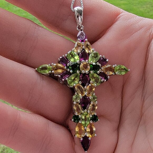 Multi-Gemstone Cross on 18 inch Silver Chain - Picture 5 of 7